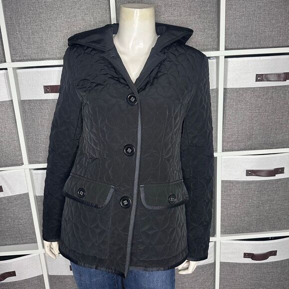 Esprit Black Quilted Button Front Hooded Jacket Size Small - Picture 1 of 11